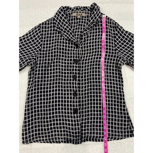 Flax Linen Long Sleeve Button Down Shirt Womens Small Plaid Black White - Picture 7 of 8
